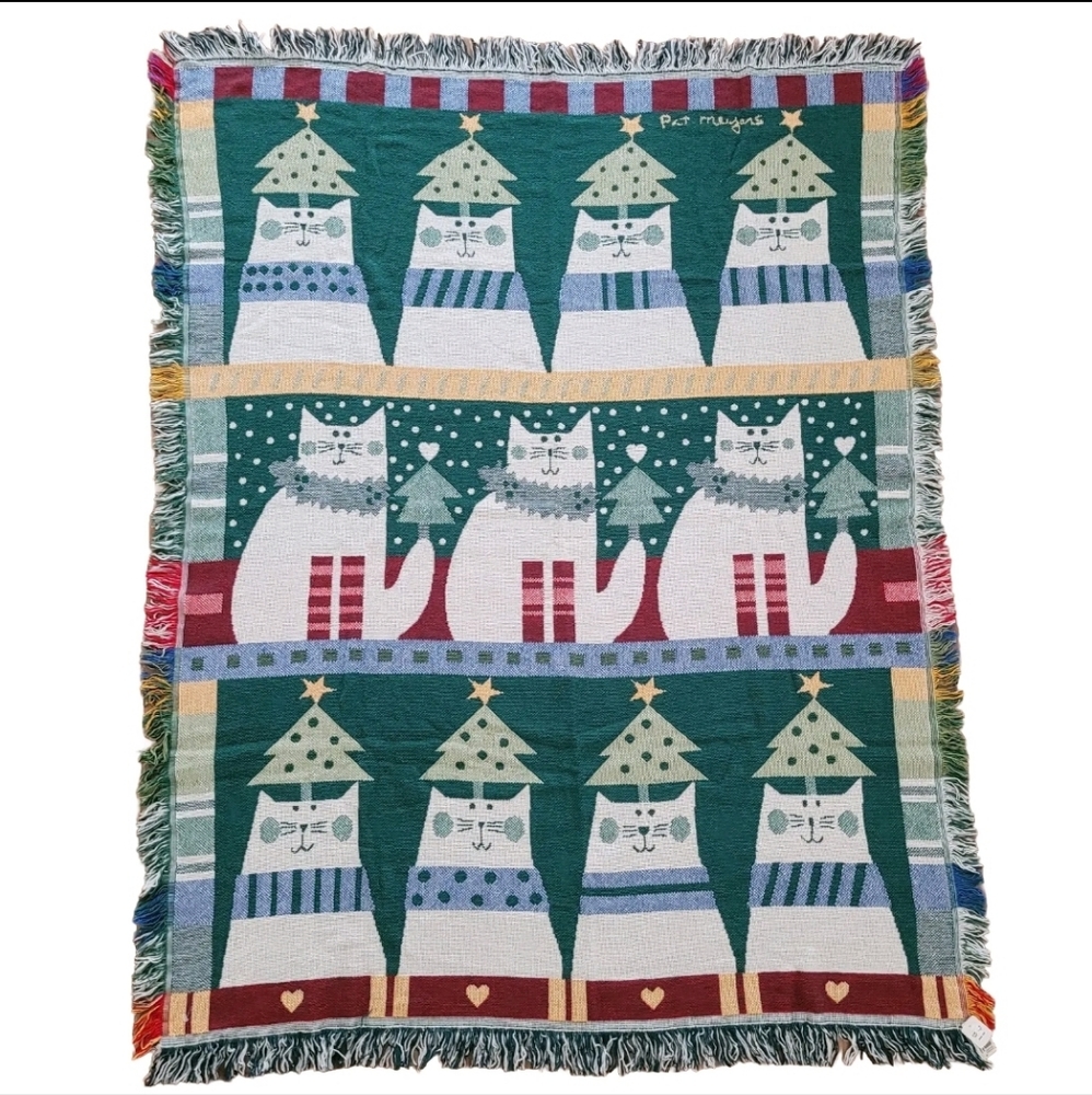 Crown Crafts Throw Blanket Noel Cats Pat Meyers Vintage Christmas Holiday NEW